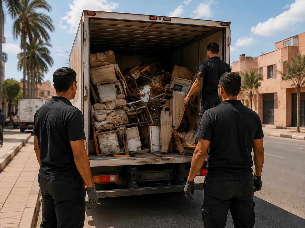 Illustration d'une équipe devant un camion chargé de meubles pour un débarras à Marrakech