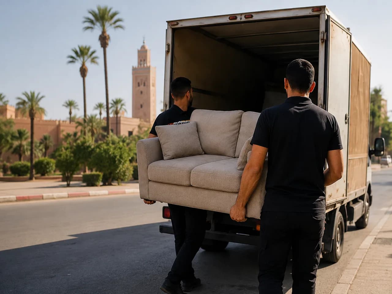 Illustration d'une équipe transportant un canapé vers un camion à Marrakech