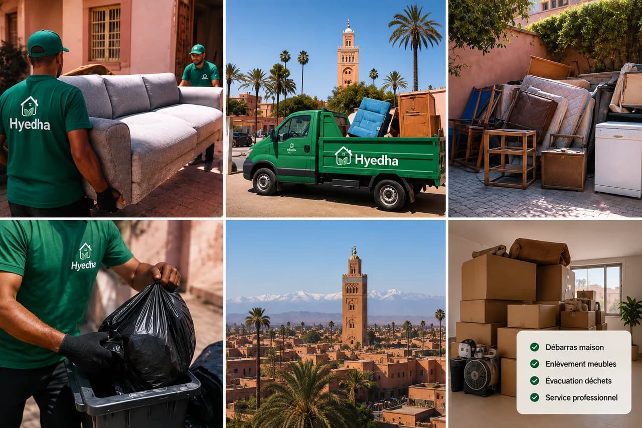 Collage marketing illustrant l'enlèvement de meubles, le transport et le débarras à Marrakech