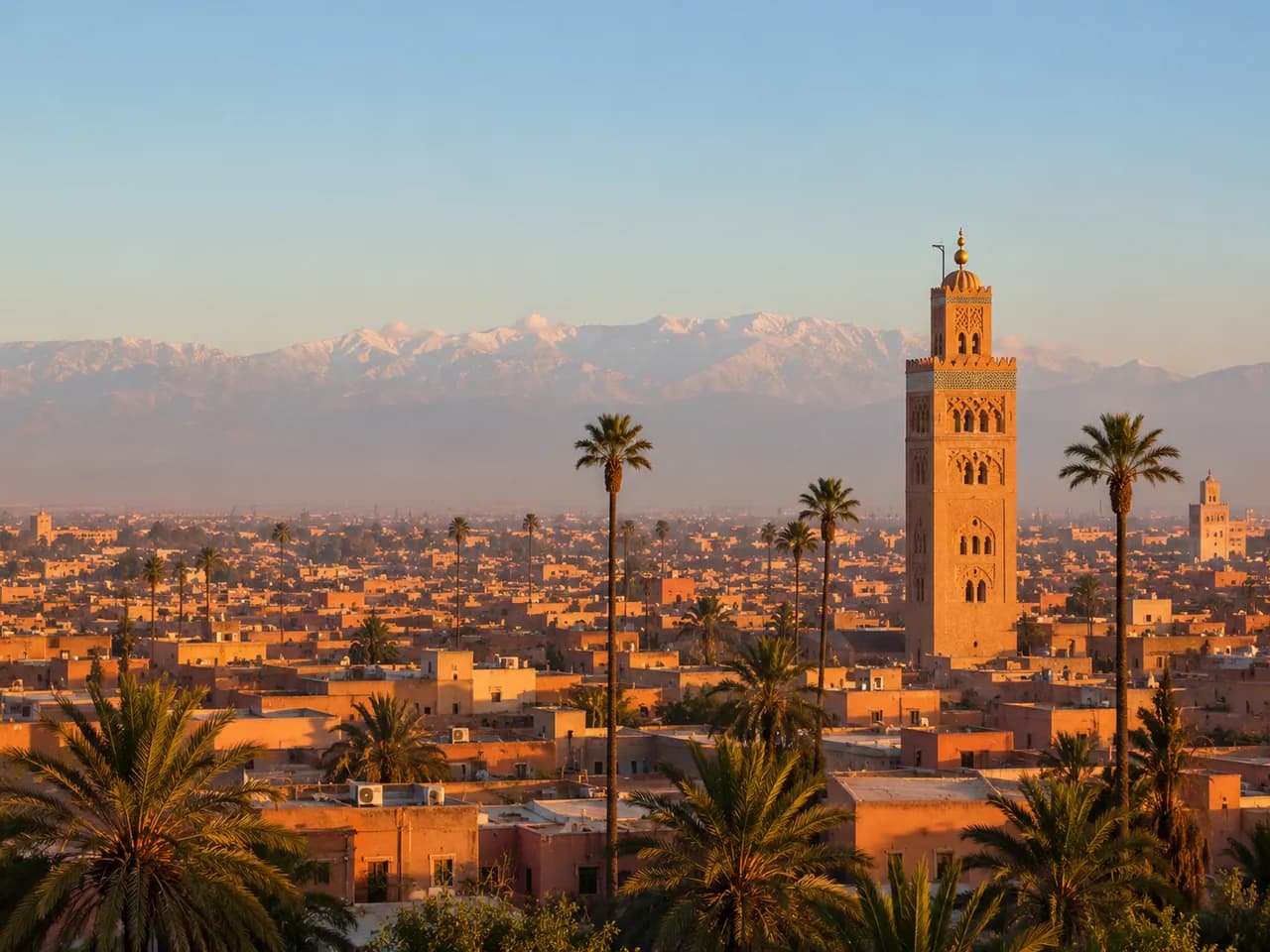 Vue de Marrakech avec la Koutoubia et les montagnes de l'Atlas